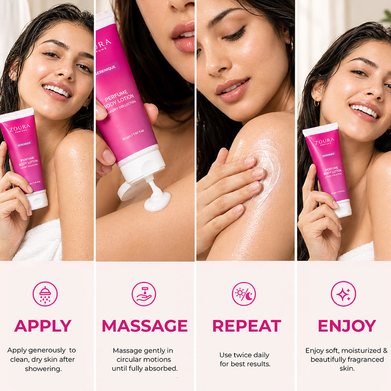 Zoura Serenique luxury perfume body lotion 50g with a romantic floral woody musk scent