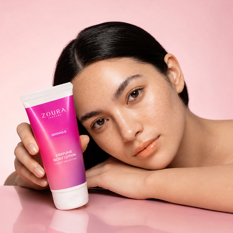 Zoura Serenique perfumed body lotion 50g featuring a romantic floral fruity musk fragrance