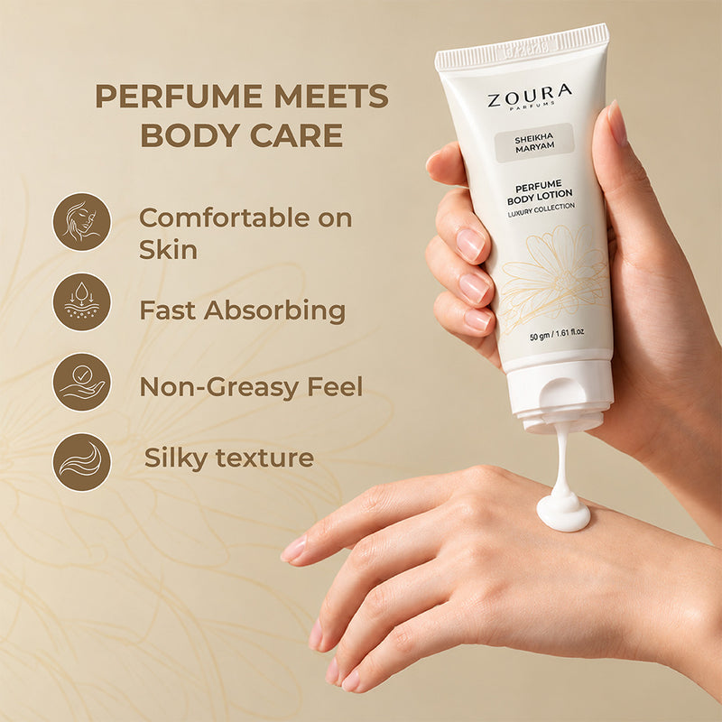 Zoura Sheikha Maryam Floral Musk body lotion 50g with rose, lily of the valley and white floral heart notes