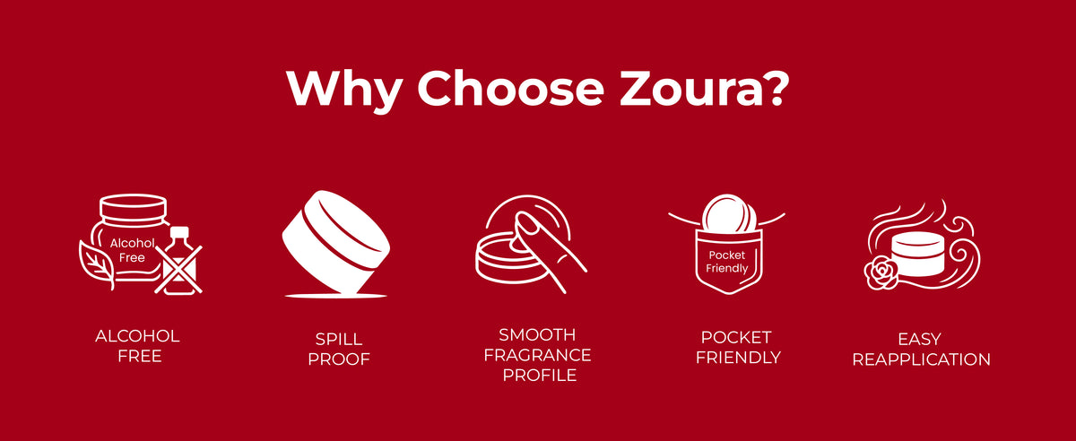 Why choose Zoura solid perfume — alcohol free, spill proof, pocket friendly, easy reapplication