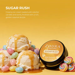 Zoura Sugar Rush Unisex Solid Perfume jar with ice cream, candy, and caramel drizzle