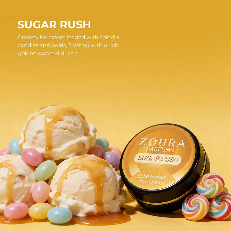 Zoura Sugar Rush Unisex Solid Perfume jar with ice cream, candy, and caramel drizzle
