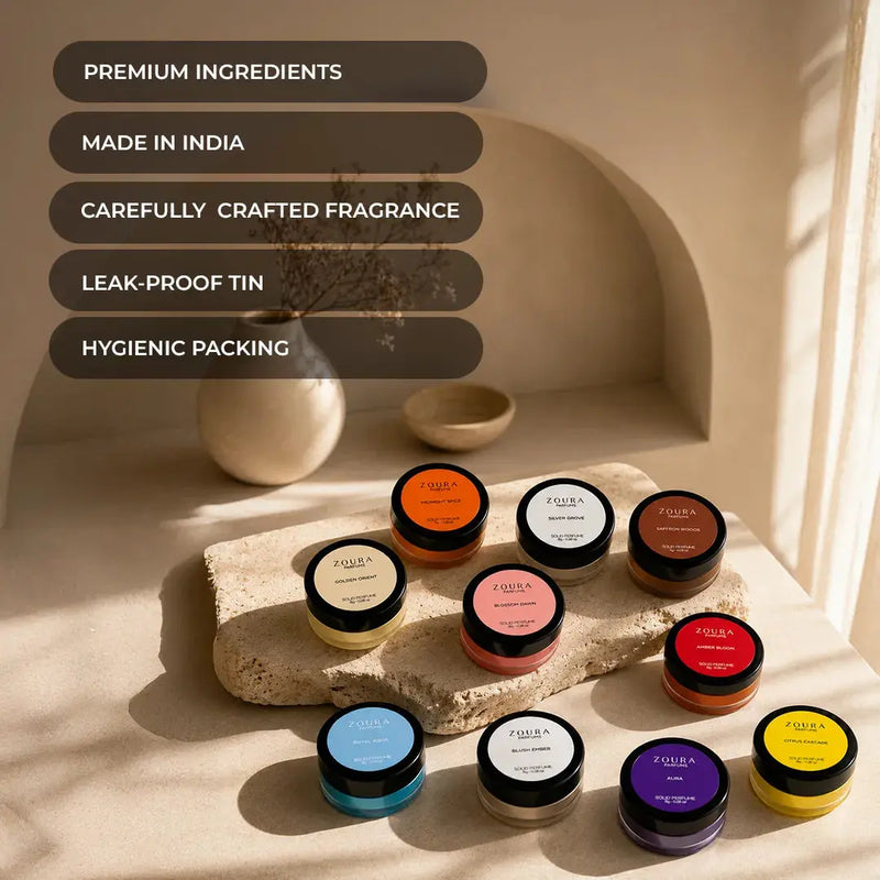 Zoura Unisex Solid Perfume collection, premium made-in-India fragrance jars