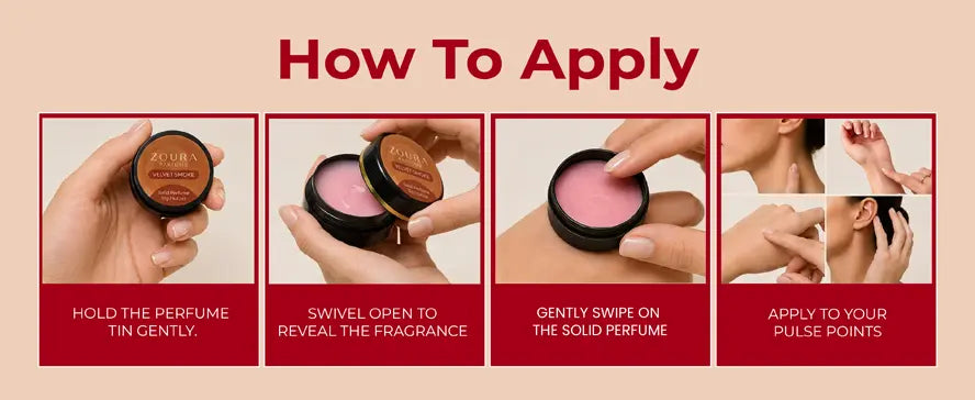 How to apply Zoura Parfums Velvet Smoke Solid Perfume: hold the tin, swivel open, swipe on wrist, and apply to pulse points like neck and behind ears