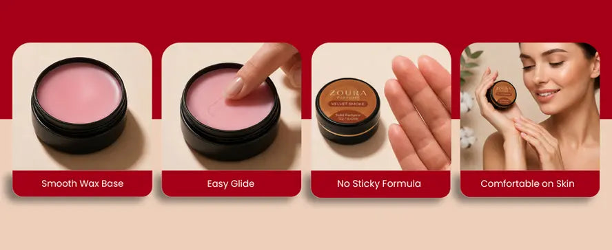Zoura Parfums Velvet Smoke Solid Perfume feature carousel showing smooth wax base, easy glide texture, no sticky formula, and comfortable application on skin