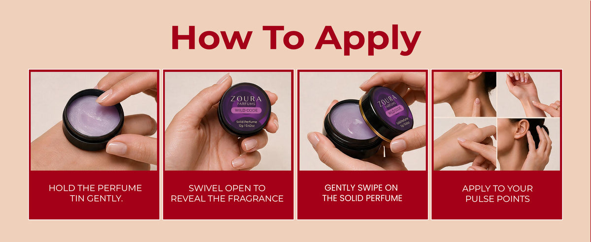 How to apply Zoura Wild Code solid perfume — swivel open, swipe on, and apply to pulse points