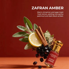 Zoura Zafran Amber Attar fragrance notes – sage, lemon, cinnamon, patchouli, black amber
